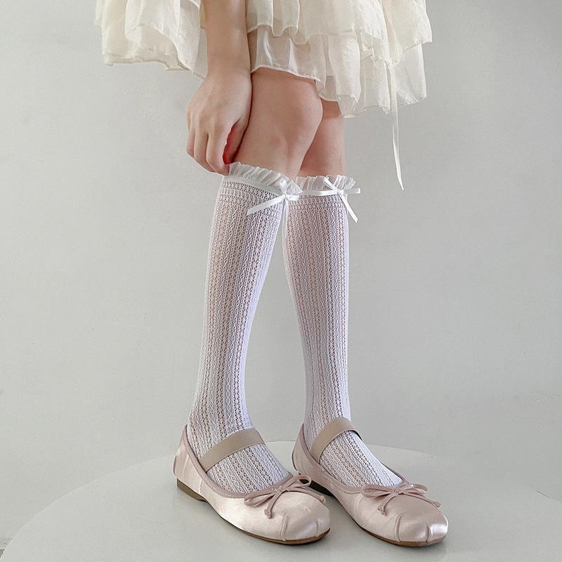 Girls' Ballet Lace Bow Frilly Calf Socks - Mesh Hollow Out, Ruffled Edge, Mary Jane Style