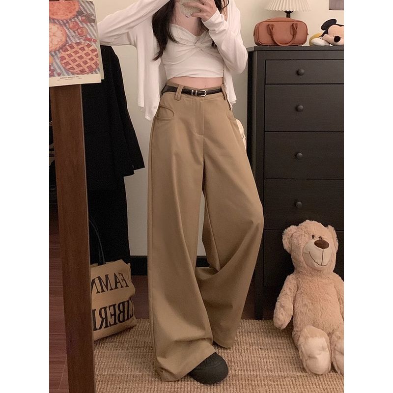 

Kumikumi High Waist Drooping Wide-Leg Pants Female Autumn Stylish All-Matching Casual Pants Baggy Straight Trousers Mop Pants Khaki L