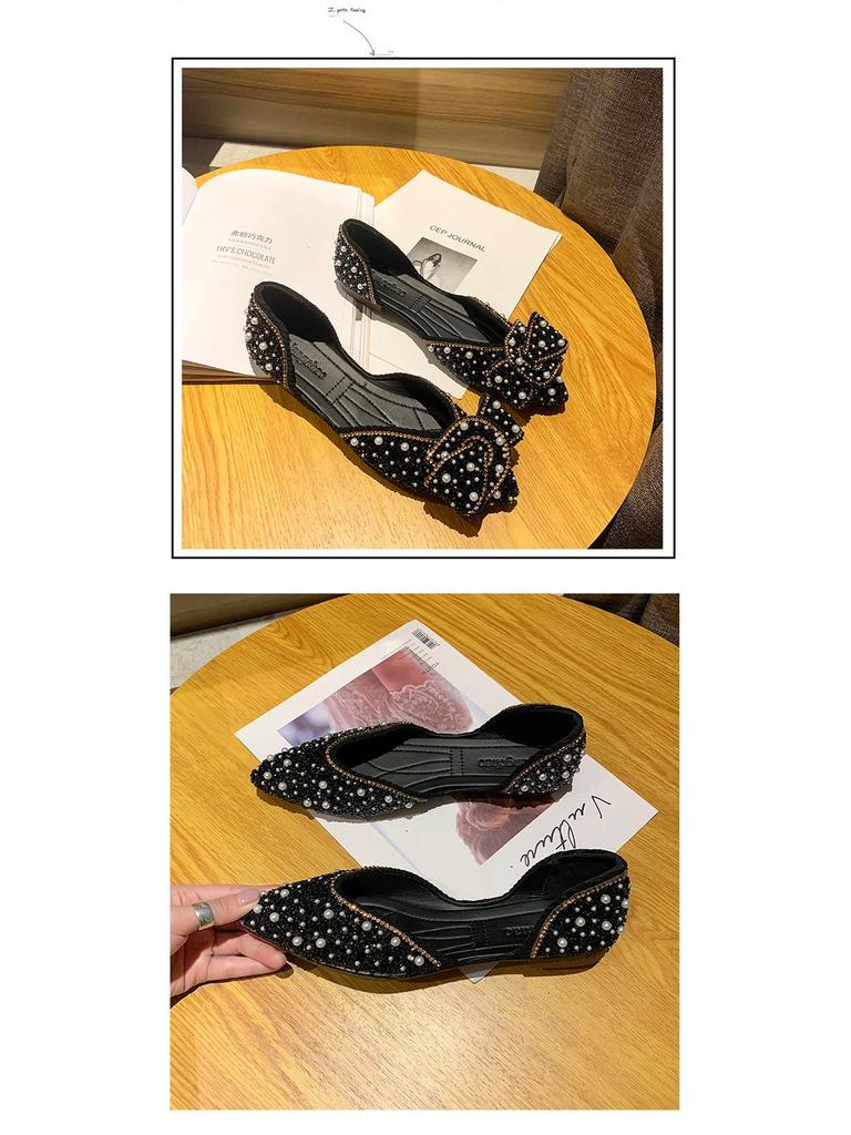 2025 Korean Style Women's Pointed Toe Pearl Rhinestone Slip-On Shoes - Soft Sole, Shallow Mouth, Spring/Autumn Fashion
