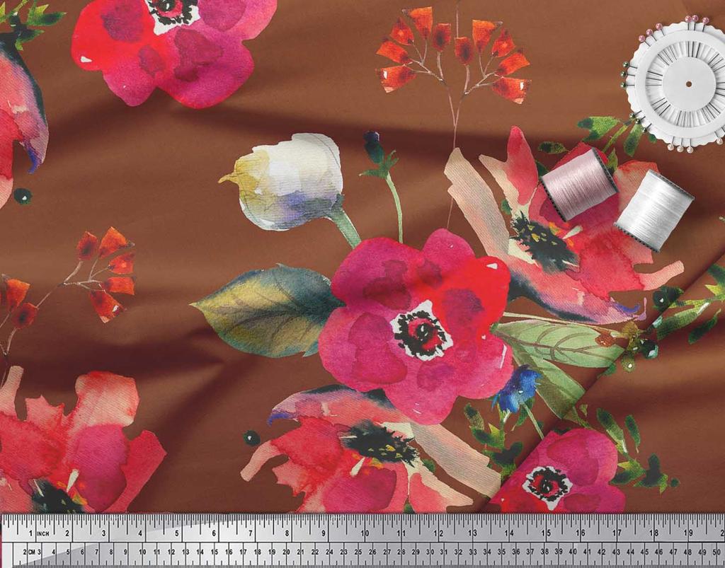Soimoi Japan Crepe Satin Fabric Leaves & Poppy Flower Print Sewing Fabric Metre 42 Inch