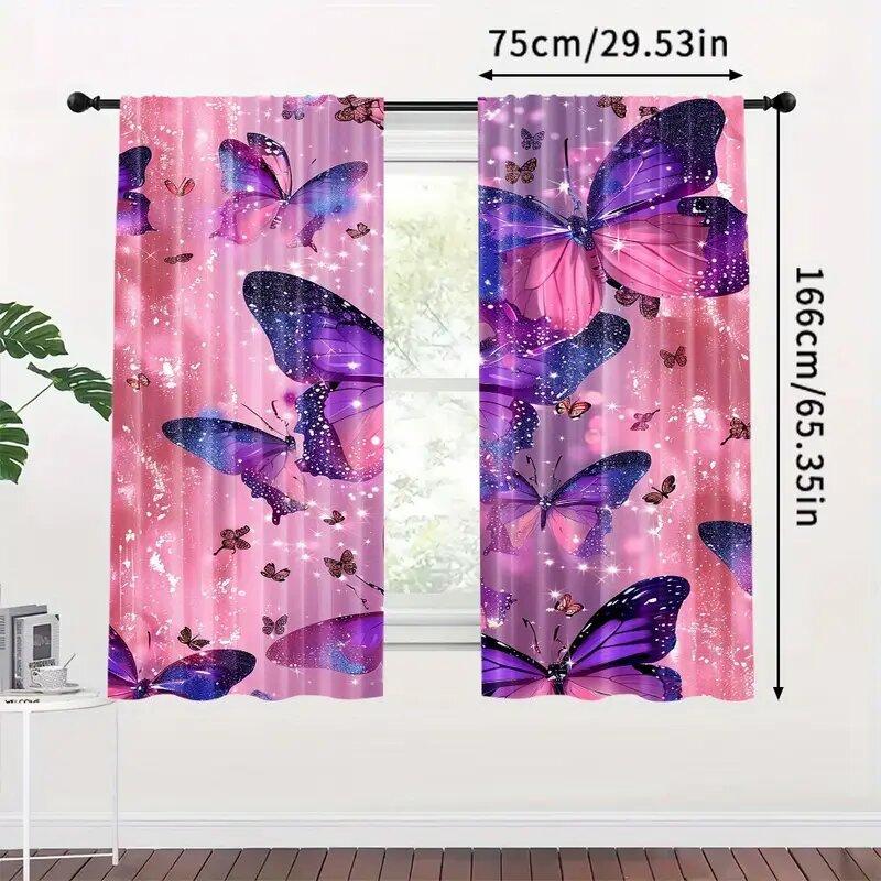 Pinkish Purple Butterfly Print Curtains Suitable Bedroom Living Room Kitchen Decoration Home Window Decor Set Of 2 Made Polyester Great