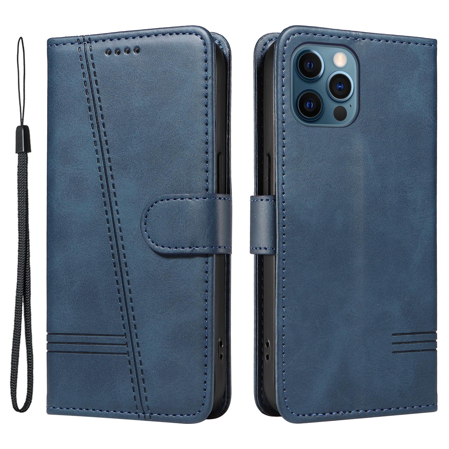 

For iPhone 12/12 Pro Anti-Scratch Phone Case Imprinted Line PU Leather Cover Wallet with Wrist Strap Blue
