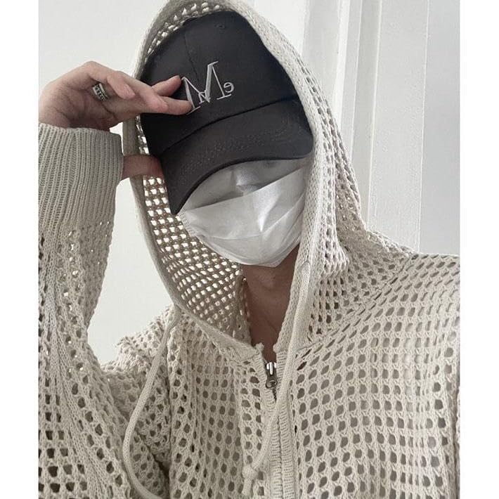 Stylish Mesh Hoodie for Men and Korean Korean 7987294 [LTG] See-Through Women, Zip-Up, Style, Wave, (JP, Alphabet, XL, Ivory)