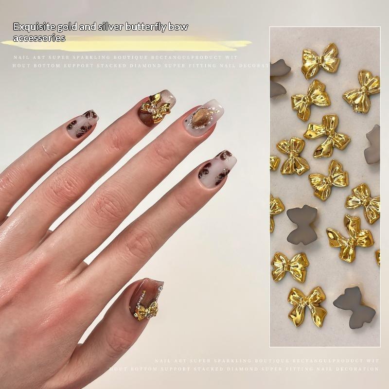 50Pcs Gold Silver Brief French Bow Tie Bowknots Ribbon Resin Nail Art Decorations Manicure Imitation Metal Charms