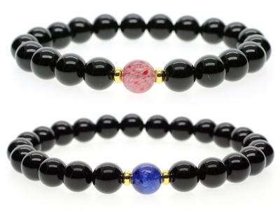 Strawberry and Onyx Power Stone Pair Bracelets for Love and Good Couple Sizes for Men and Women [KOAI] Quartz, Kyanite, Luck,