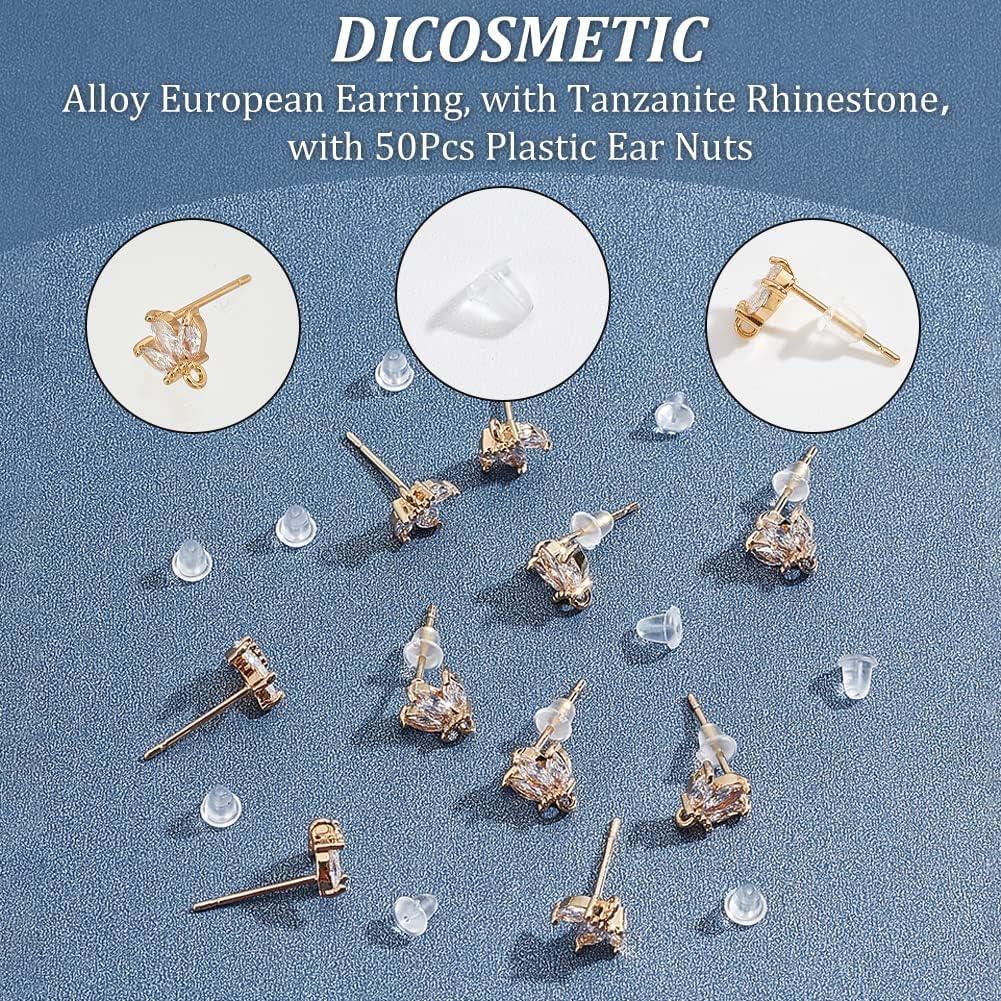 DICOSMETIC 12Pcs Flower Earrings Findings 18K Gold Plated Cubic Zirconia Stud With Loops, Rhinestone Posts, Brass Studs With Ear Nuts for DIY Jewelry