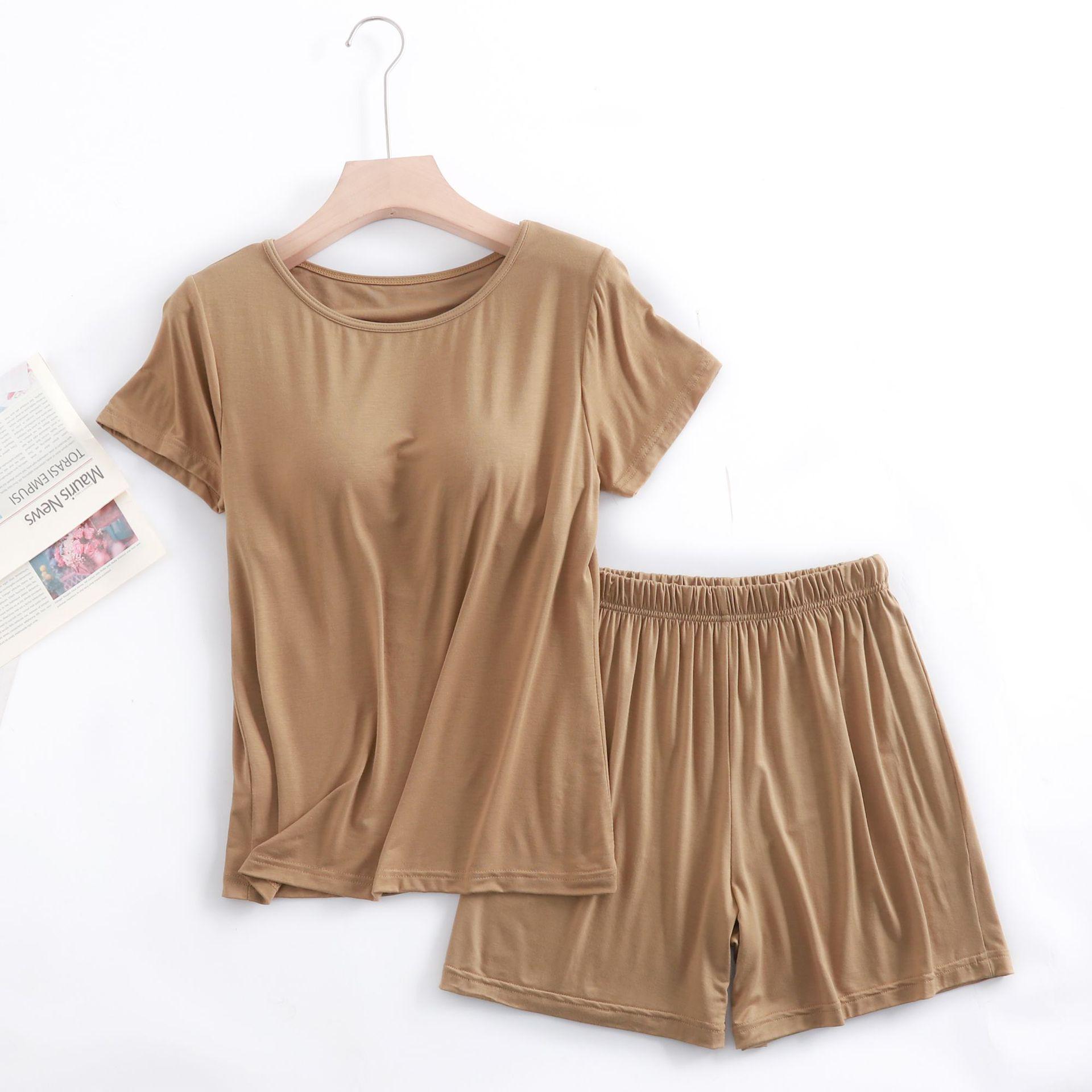 

Модальный женский пижамный комплект с коротким рукавом и встроенным бюстгальтером, большого размера, беспроводной, топ с рукавом до локтя свободного кроя и шорты для домашней одежды M