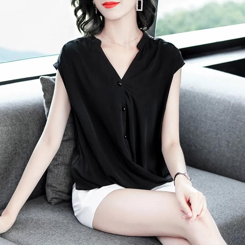 Šifonová košile s výstřihem do V Dámská letní zakrývající břicho Blůza Krátký rukáv Volný Temperament Bez rukávů Štíhlá Jednobarevná Velká velikost Košile Dámský letní top