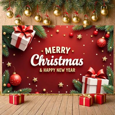 Holiday Banner Pine Branches Christmas Backdrop Banner New Year Banner Red Background For Office Decoration Indoor Decoration
