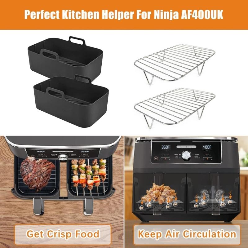 Air Fryer Accessories Set 2pcs Stainless Steel Rack and 2pcs Baking Tray Silicone Basket Air Fryer Liner for Kitchen