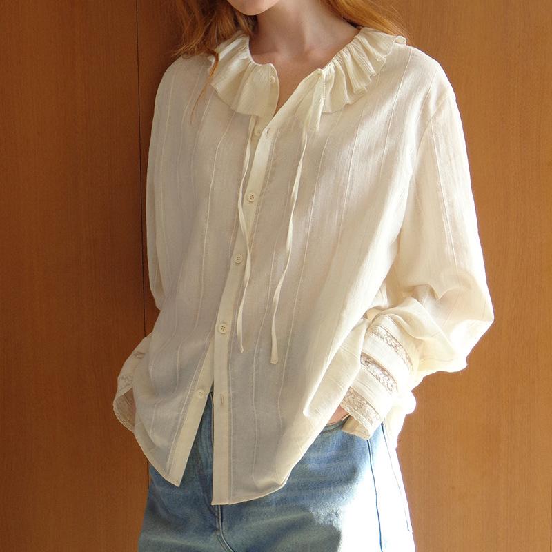 

Vintage Cotton Lace Patchwork Shirt with Ruffle Collar - New Spring Arrival Small