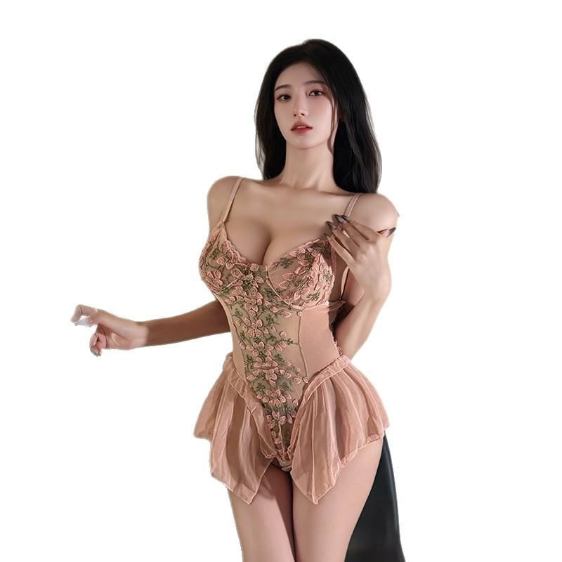Sex underwear pure desire to avoid flowers and vines deep V-neck onesie sexy embroidered mesh tight suspender nightdress