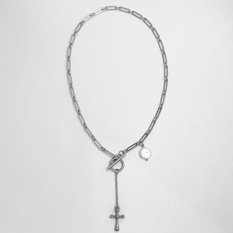 Pearl cross necklace - women s luxury, personalized titanium steel choker - unique design statement pendant серебряный