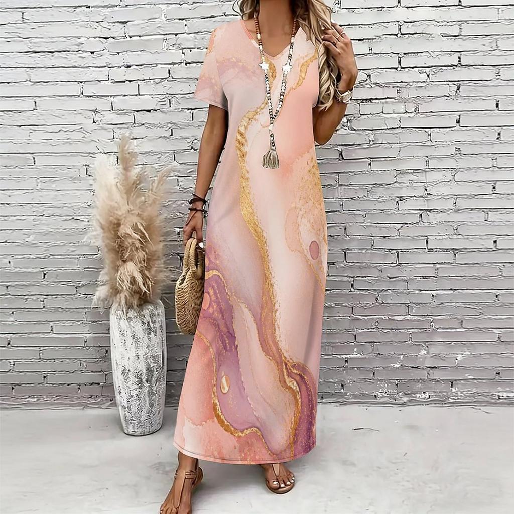 Women Plus Size V Neck Short Sleeve Abstract Printed Straight Maxi Dress