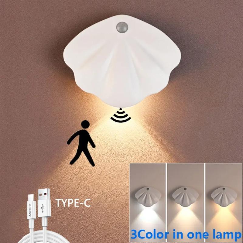 LED Motion Sensor Shell Night Light, USB Type-C Rechargeable Spotlight for Bedroom Corridor Staircase Hallway Mural Wall Decor Lighting