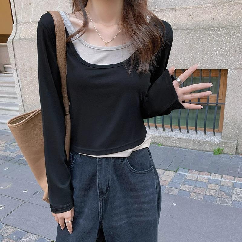 

Женская облегающая базовая футболка с эффектом двухслойности, топ для горячей девушки, дизайн для осени и зимы, контрастная футболка с длинным рукавом XL