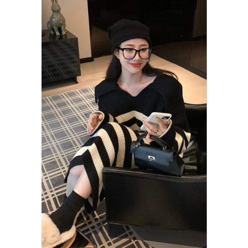 

Winter new fashion and fashionable sweater medium and long knitted bottoming dress XL чёрный