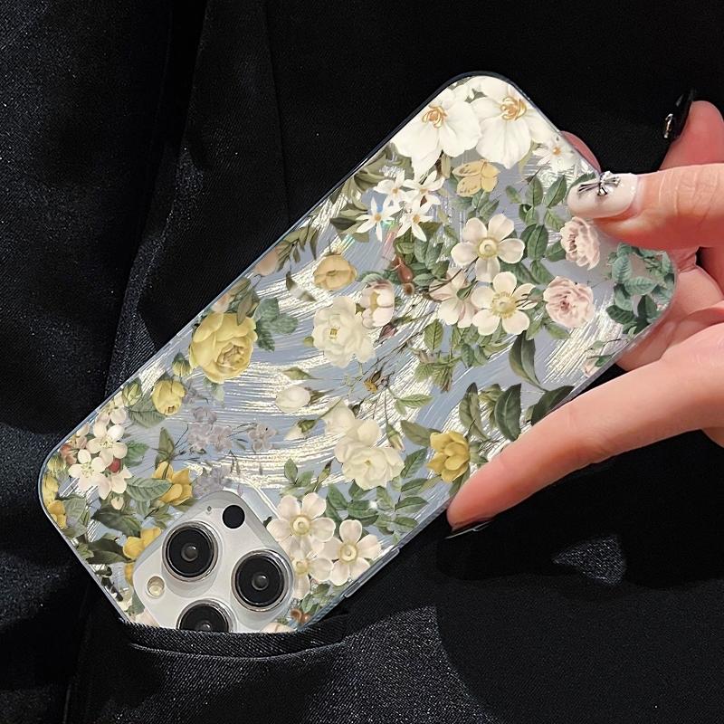 Phone Case For Iphone 17 Air 16 16e 17e 15 Plus 14 13 12 11 Pro Max New Silvery White Powder Floral Green Leaf Protective Cover
