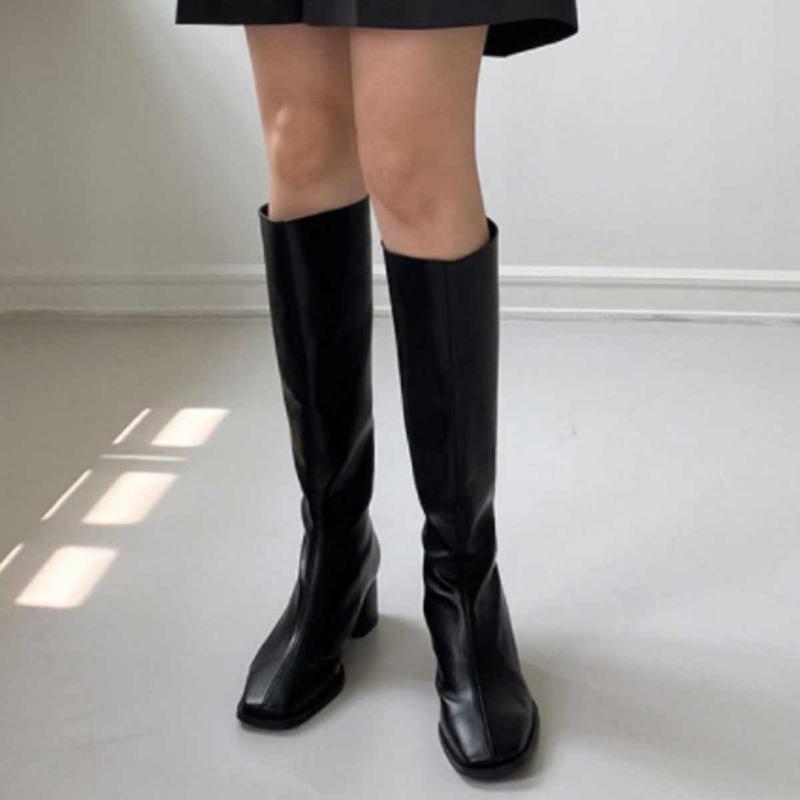 Street Style Fyrkantig Klack Kvinnor Knähöga Stövlar Höst Vinter Mjukt Läder Damer Smala Koncisa Långa Damstövlar