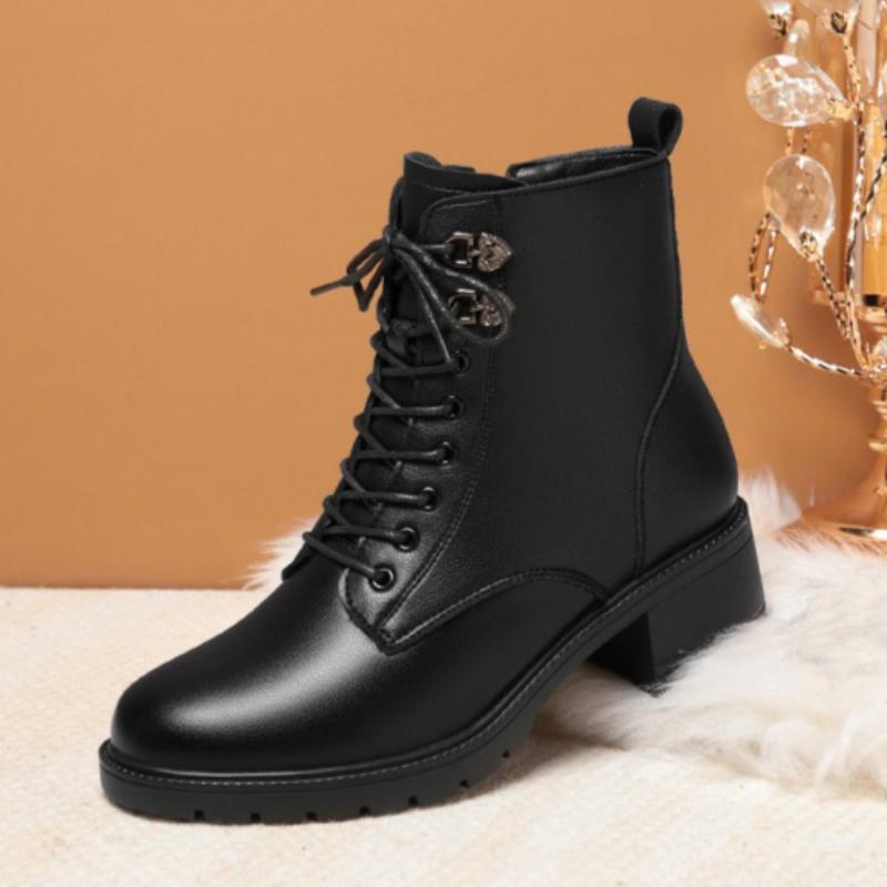 Women's Autumn and Winter Short Boots, Chunky Heel Boots, Fleece-lined Leather Shoes, Warm Cotton Shoes