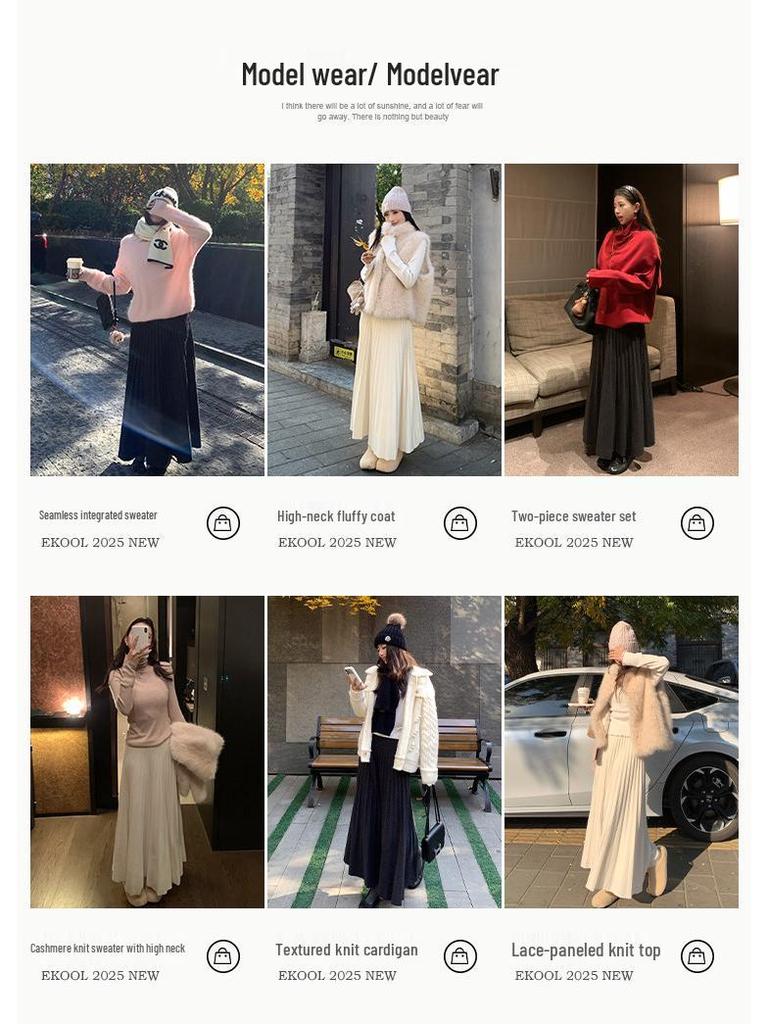 Baishiwang Women's High-Waisted A-Line Pleated Skirt, Autumn/Winter Long Loose Slimming Design.