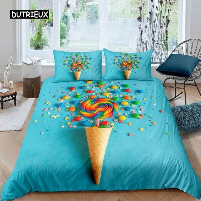 Lollipop Duvet Cover Set Food Theme Comforter Cover Blue Bubble Bedding Set for Kids Children Women Girly Dreamy Quilt Cover Three-piece Set