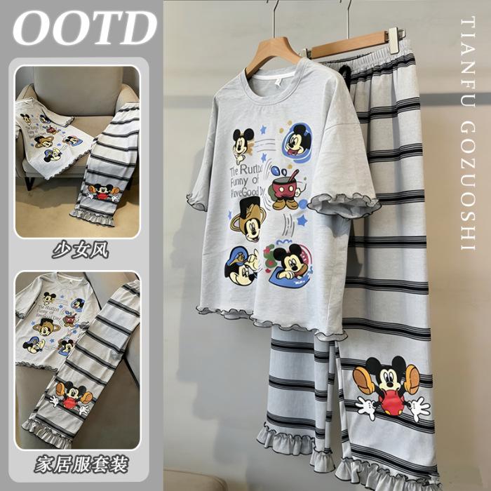 

Cute cartoon printed short-sleeved pajamas women s summer new loose soft waxy skin-friendly T-shirt trousers loungewear set M