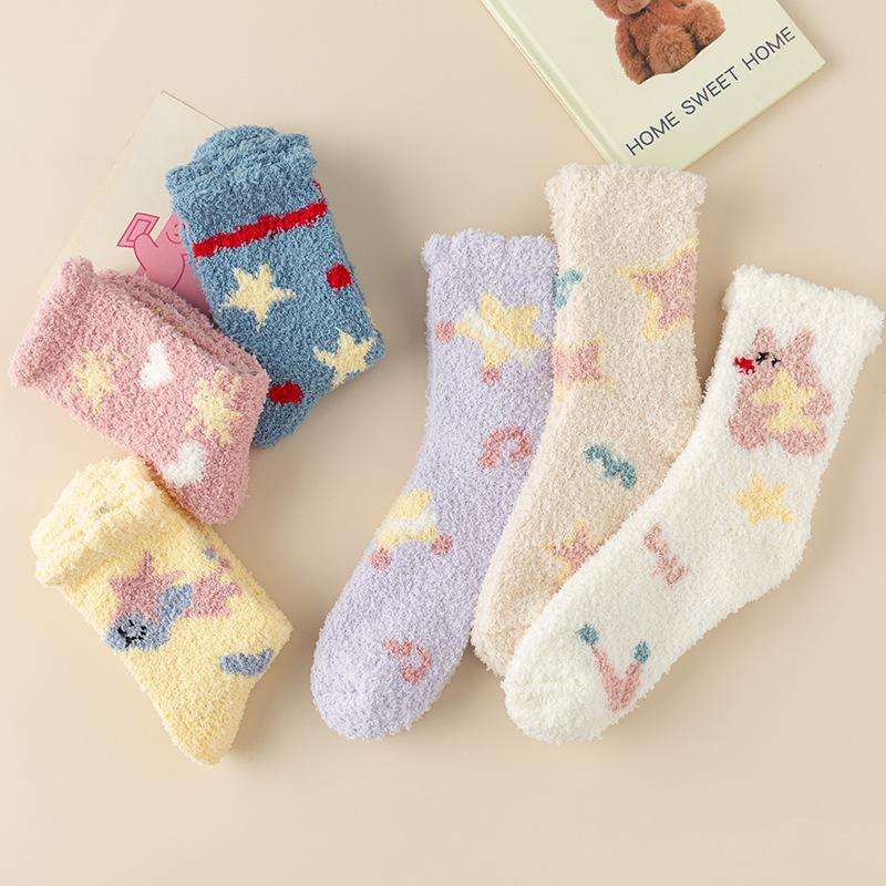 Cute Coral Fleece Socks Female Stars Cartoon Half Fleece Thickened Warm Home Floor Socks Medium Tube Confinement Women'S Socks