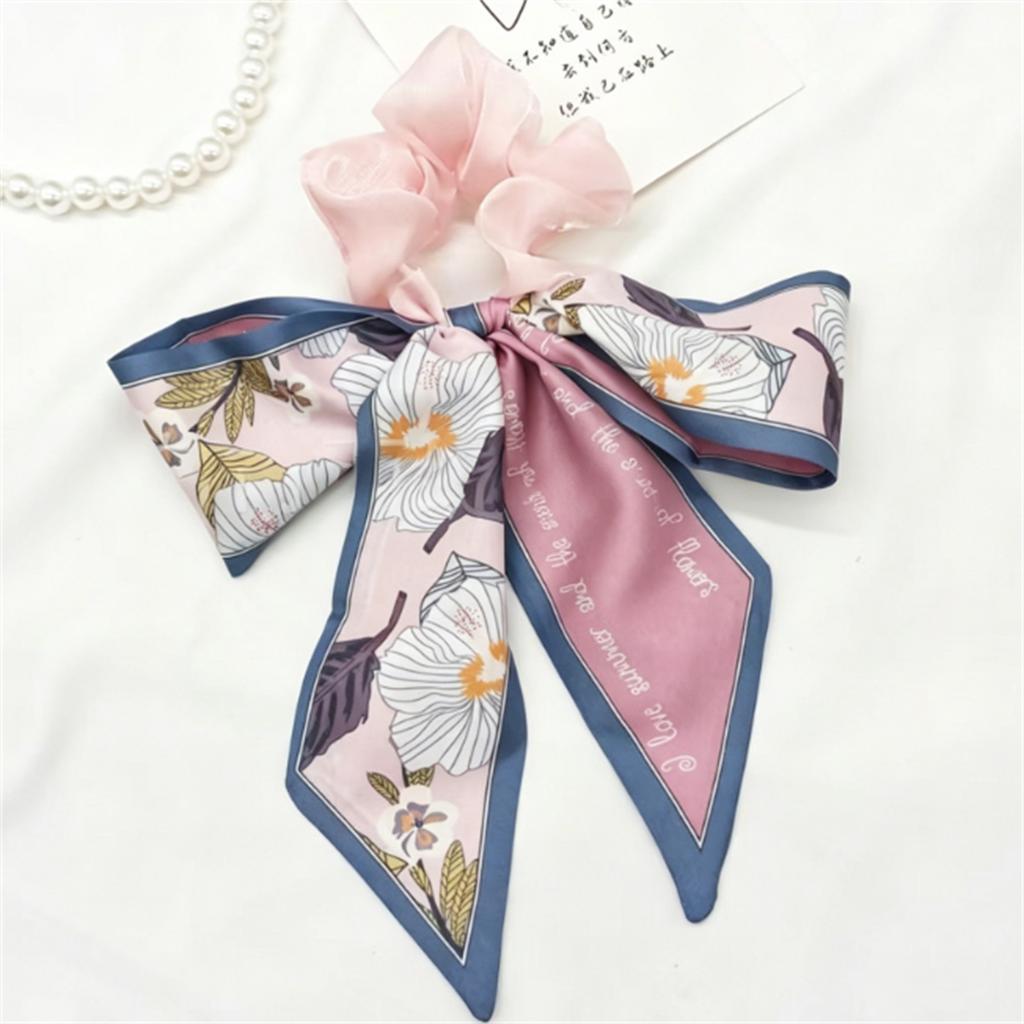 Silk-Like Fabric Ribbon Hair Tie with Floral Print Double Layer Bow Elastic Band for Women Girls Hair Accessories