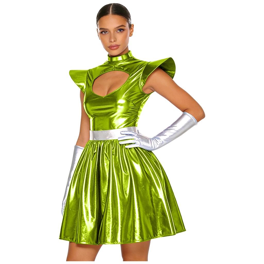 Costume da Donna a Tema Astronauta Alieni Vestito Metallico Lucido Spalline Strutturate Scollatura a Taglio Vestito da Festa a Linea ad A