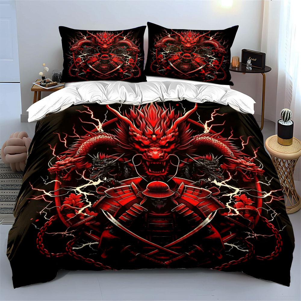 Samurai and Dragon Artwork Bedding Duvet Cover Set  (1*Duvet Cover 2*Pillowcases, Without Duvet Insert)