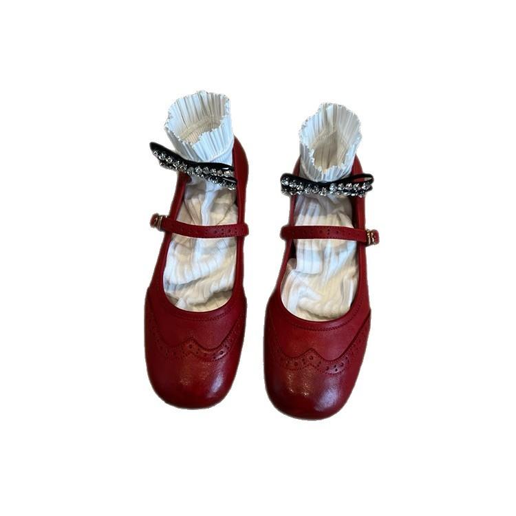 Sheepskin version~ retro flat-bottomed small leather shoes, shallow mouth square head genuine leather Mary Jane shoes, one-word buckle red small singl