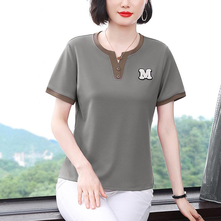 Half-open Collar Mother Top Summer New Short-sleeved Women's T-shirt Feel Niche Large Size Loose Slim Shirt