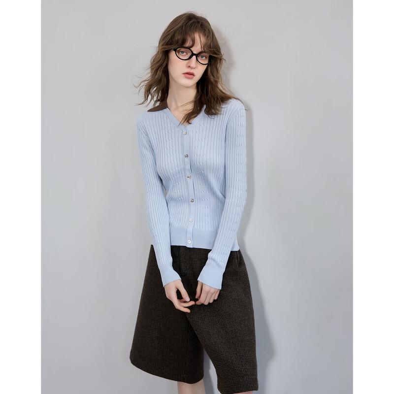 DEMAUNA Women's V-Neck Color Block Cable Knit Cardigan