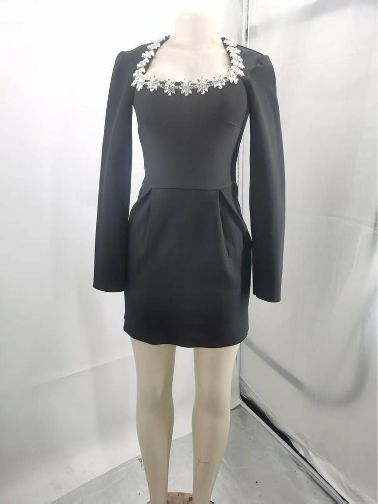 Elegant Rhinestone Square Neck Long Sleeve Bandage Dress for Women