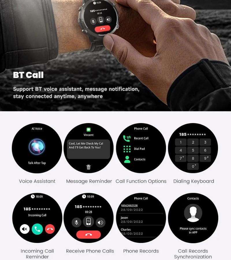 2026 New T-Rex3 1000mAh Battery Sports SmartWatch 1.73" AMOLED Screen 10ATM Waterproof Compass Altimeter Military bracelet Men