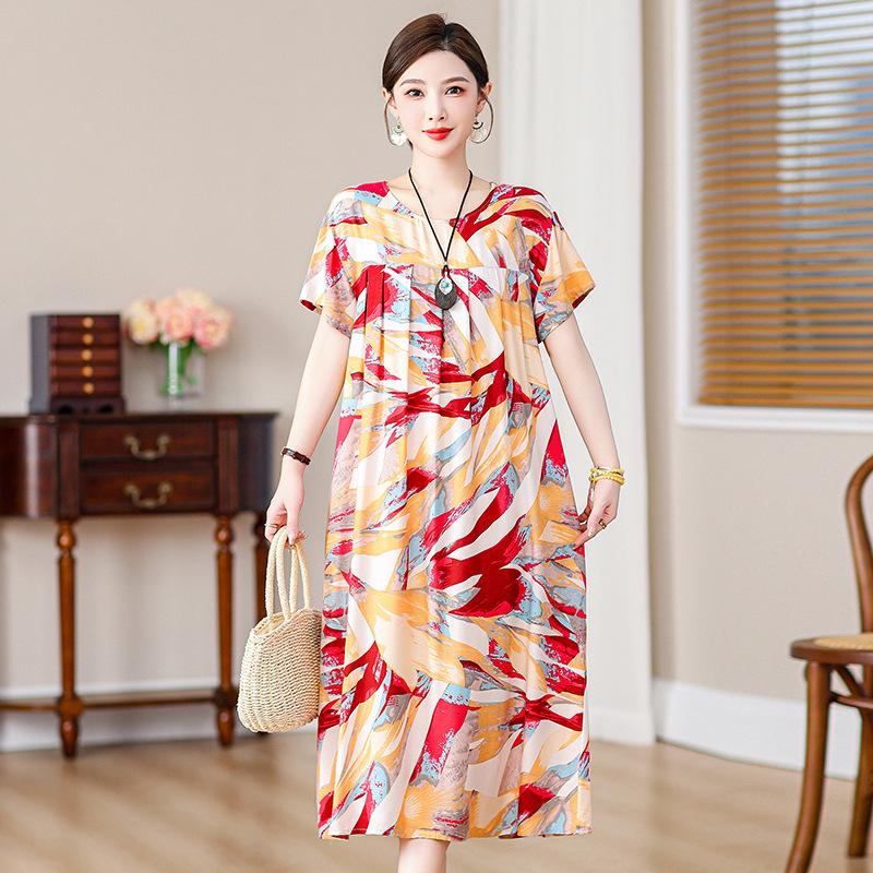2 Neues hochwertiges florales Baumwoll-Seiden-Kleid für Damen-Sommer-Temperament, Bauchbedeckung für Mütter, große Größe künstliche Baumwolle langer Rock