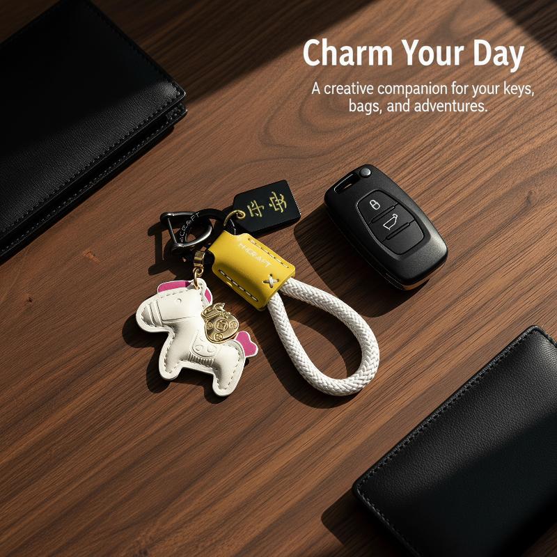 Cute Pony Keychain With Long-lasting Braided Strap Shiny Gold Lucky Pendant Key Ring for Christmas Holiday Gifts
