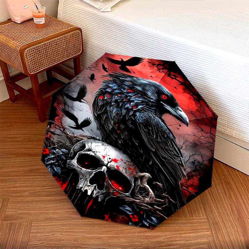 1PC Crow Raven Skull Umbrella Portable Folding Umbrella Iron Frame Hole Bone Structure Outdoor Home Umbrella