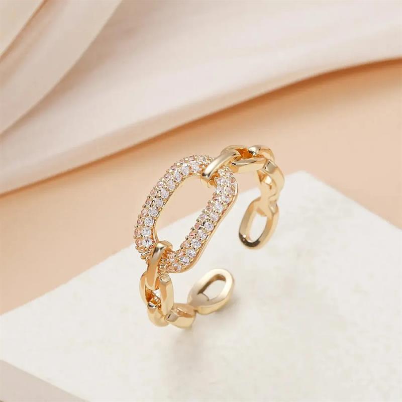 Huitan Women Opening Ring Chain Linked Luxury Wedding Engagement Accessories Inlaid Shiny CZ Elegant Party Gold Color Jewelry