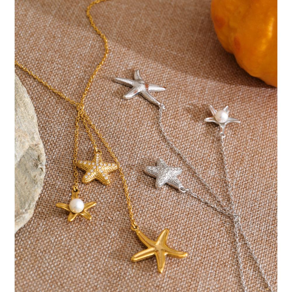 Eetit Ocean Series Stainless Steel Zircon Pearl Starfish Shell Chain Charm Drop Necklace 2026 Summer Arrivals Chic Jewelry Gift