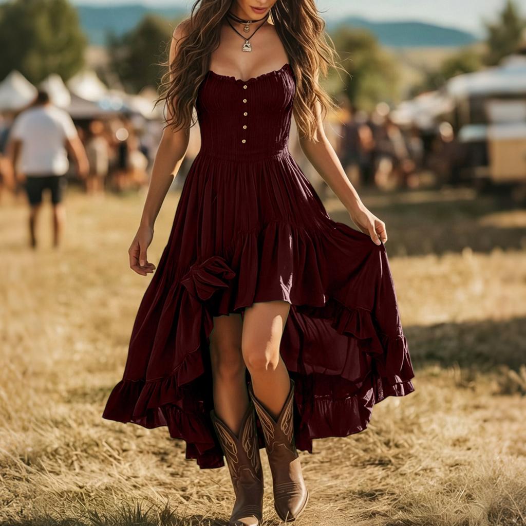 Women's Vintage Elegant Strapless Dress with Smocked Bust , Cinched Waist and Irregular Ruffle Hem