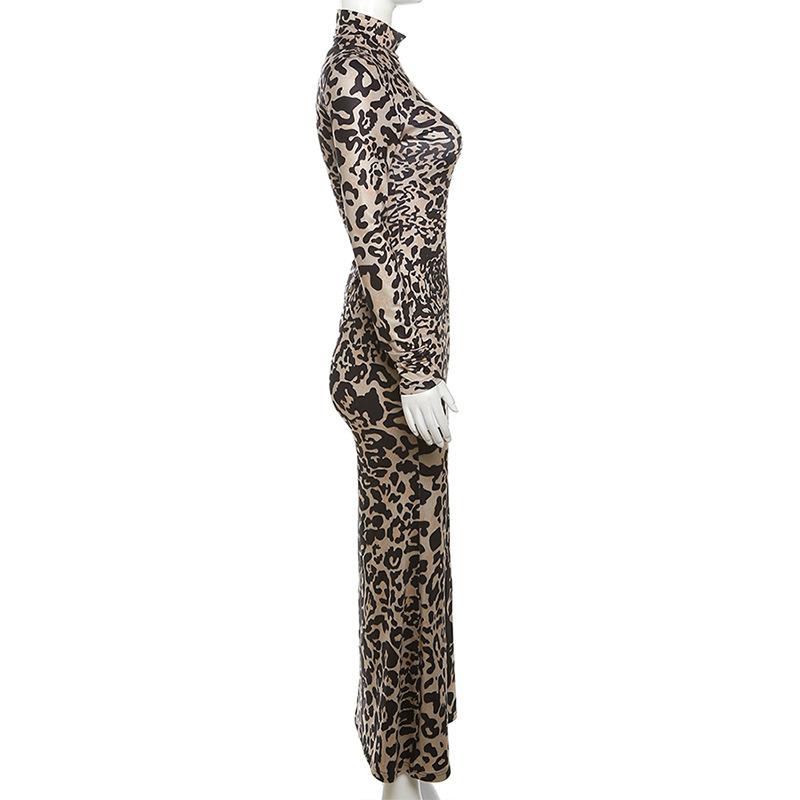 Sexy langermet perspektiv Leopard Stretch lang kjole for kvinner