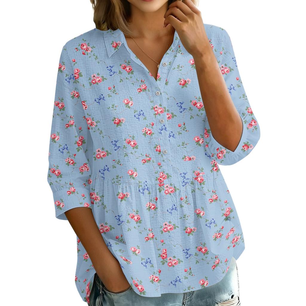Women's Vintage Floral Print Button Down Blouse - 3/4 Sleeve Relaxed Fit Shirt with Collar, Great for Casual and Wear
