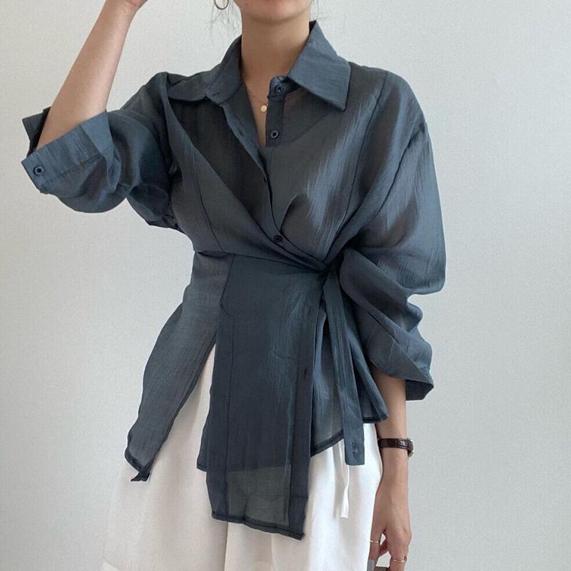 Chic Design Sense Asymmetrical Button Stand Collar Long Sleeve Shirt Women Spring Autumn Thin Simple Top Ladies Shirt S