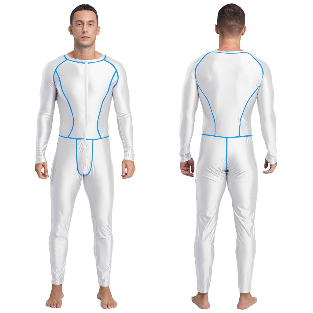 Men‘s Compression Swimwear & Gym Romper S-3XL: Shiny Long Sleeve Jumpsuit with Front Zipper, Flatlock Seams for Comfort