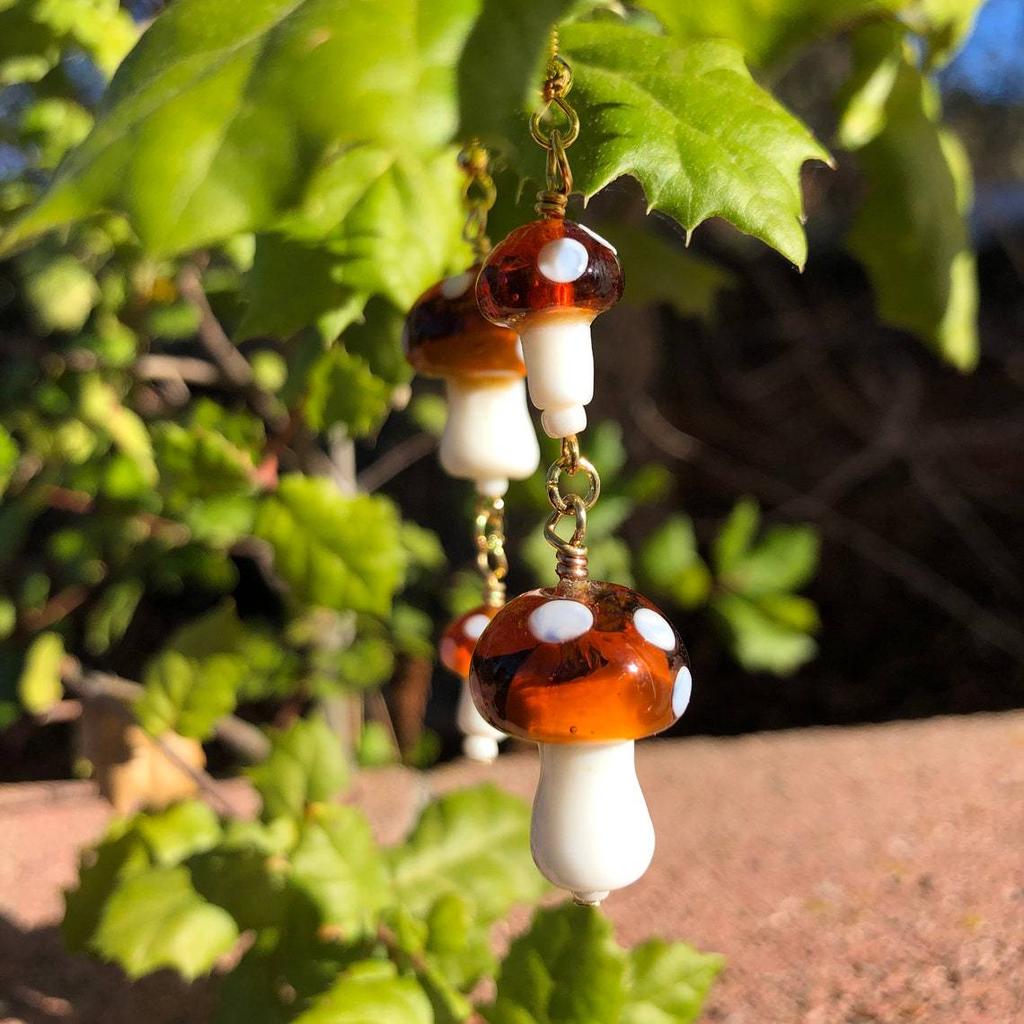 Cute Creativity Brown Lampshade Glass Mushroom Pendant Hoop Earrings for Women Bohemia Personality Piercing Jewelry Accessories