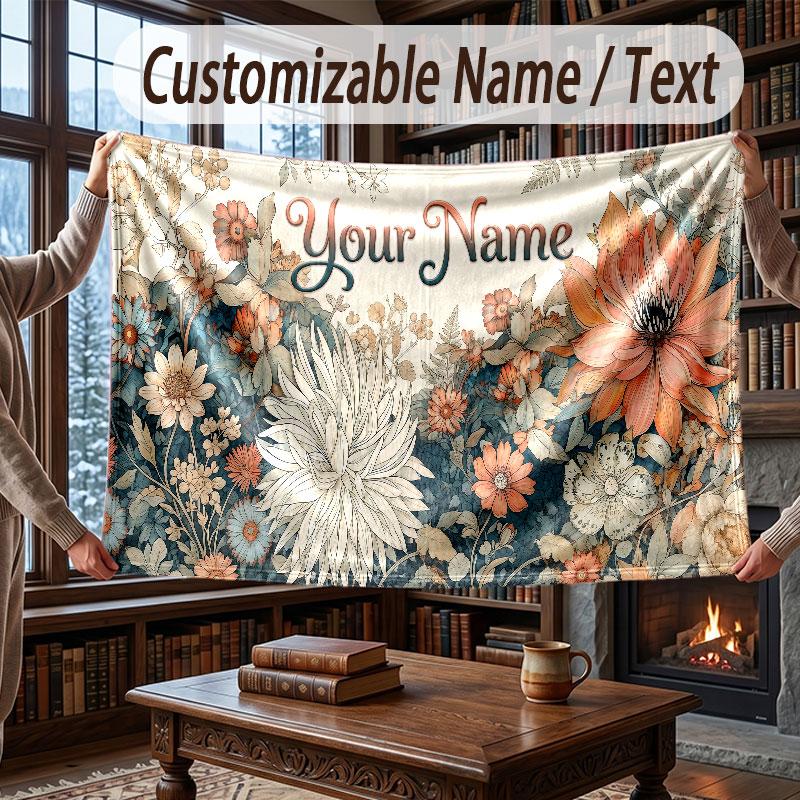 Floral Garden Theme Throw Blanket Custom Name Text Personalized Blanket Soft Cozy Blanket for Home Sofa Bed