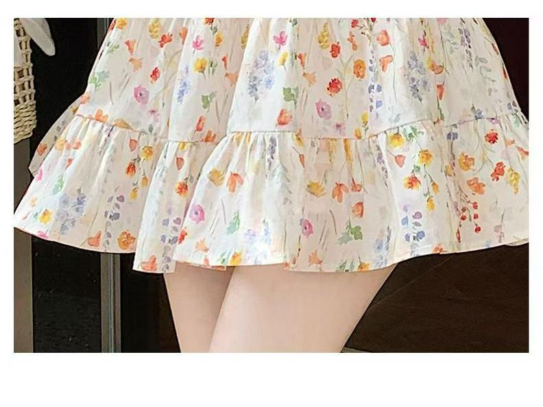 Women's Floral Print A-Line Mini Skirt - Summer High Waist, Slimming Korean Style, Sweet Pleated, Petite Layered Cake Design