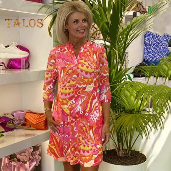 Damenkleid mit V-Ausschnitt, 3/4-Ärmeln, A-Linien-Kleid, leuchtende Farben, bedruckt, knielanges Kleid, Urlaub, Freizeitkleidung